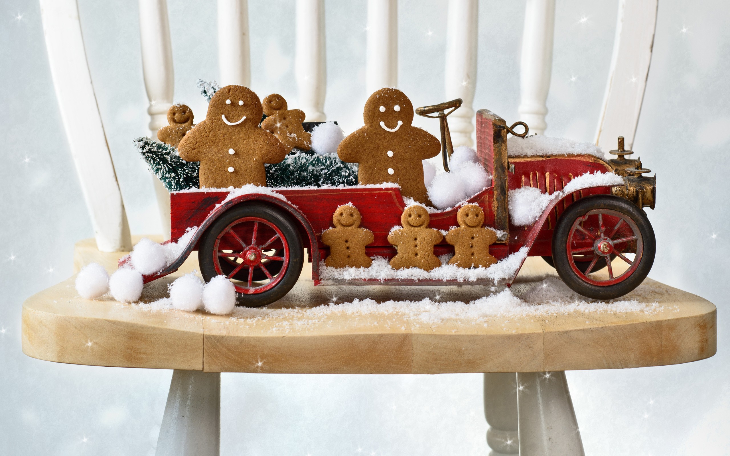 New Year, Snow, Gingerbread, Chair, Cookies, Old Car Wallpaper