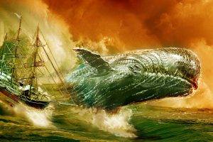 nature, Animals, Digital Art, Artwork, Moby Dick, Whale, Sea, Ship, Waves