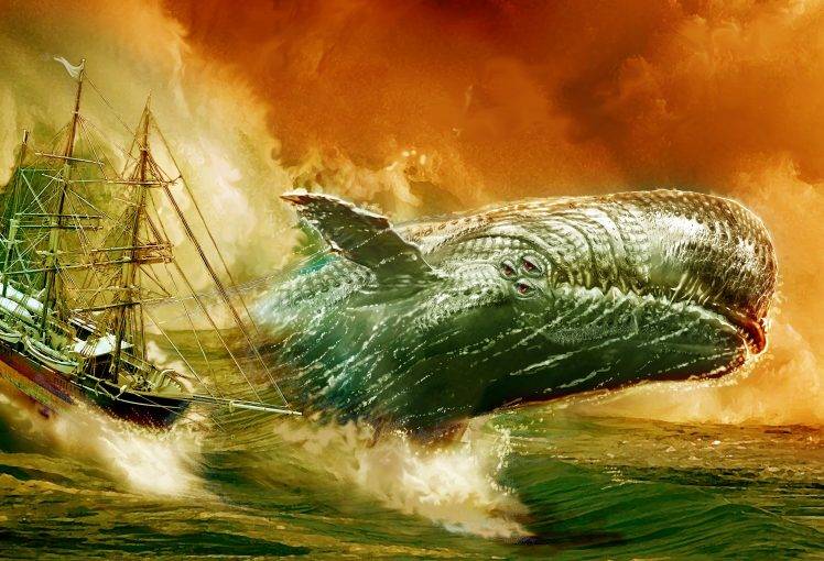 nature, Animals, Digital Art, Artwork, Moby Dick, Whale, Sea, Ship, Waves HD Wallpaper Desktop Background