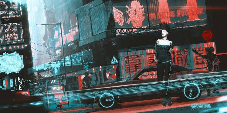 artwork, Cyberpunk, Kuldar Leement, Signs, Car HD Wallpaper Desktop Background
