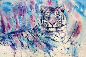 white Tigers, Tiger, Artwork, Painting, Watercolor, Blue, Purple, Animals