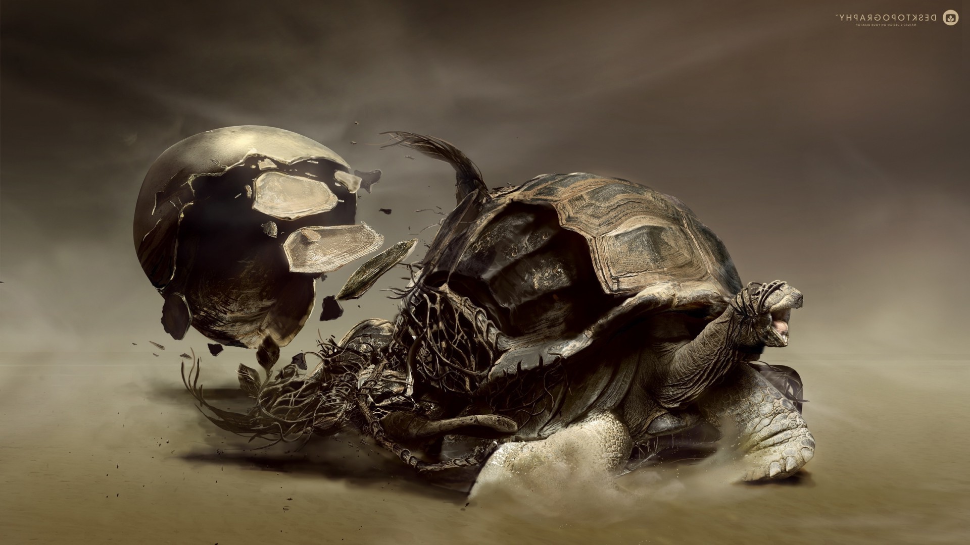 digital Art, Artwork, Desktopography, Animals, Turtle, Sand, Roots Wallpaper