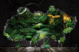 digital Art, CGI, Nature, Jungles, Stream, Rock, Plants, Birds, Parrot, Trees, Water, Walls, Wooden Surface