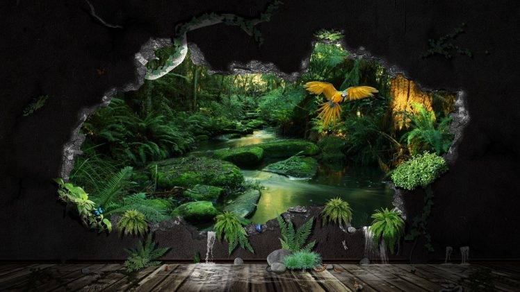 digital Art, CGI, Nature, Jungles, Stream, Rock, Plants, Birds, Parrot, Trees, Water, Walls, Wooden Surface HD Wallpaper Desktop Background