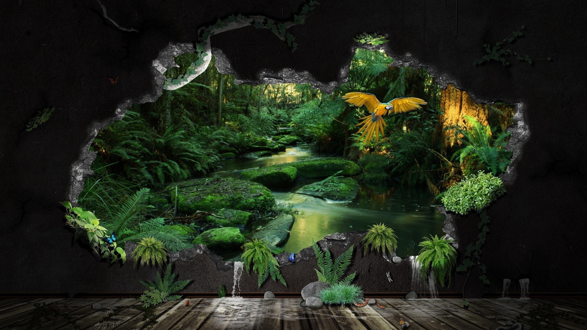 digital Art, CGI, Nature, Jungles, Stream, Rock, Plants, Birds, Parrot, Trees, Water, Walls, Wooden Surface Wallpaper