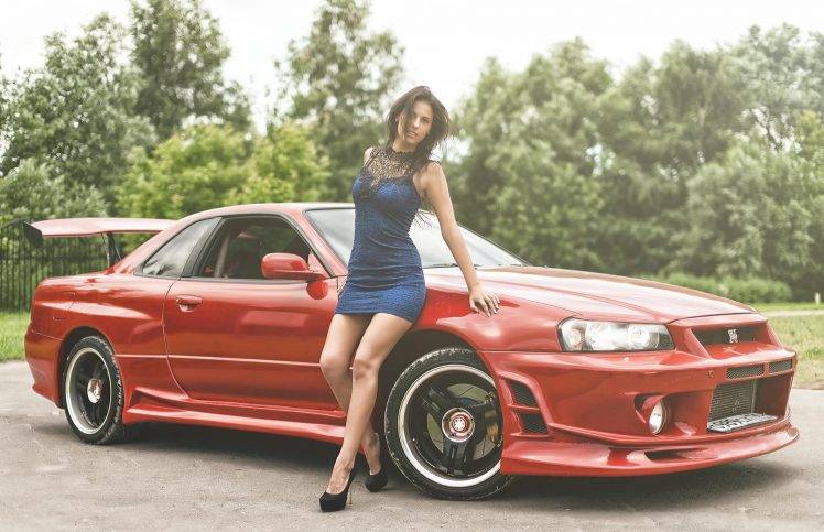 women, Nissan Skyline GT R R34 Nismo, Skyline, Women With Cars, Dress, Blue Dress HD Wallpaper Desktop Background