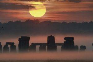 architecture, Nature, Trees, Sun, Pillar, Stone, Stonehenge, England, UK, Mist, Forest, Clouds, Morning, Sunrise, Birds, Field, Grass