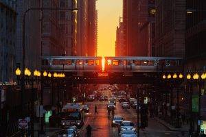Chicago, Illinois, City, Sunset, Street, Metro, Car