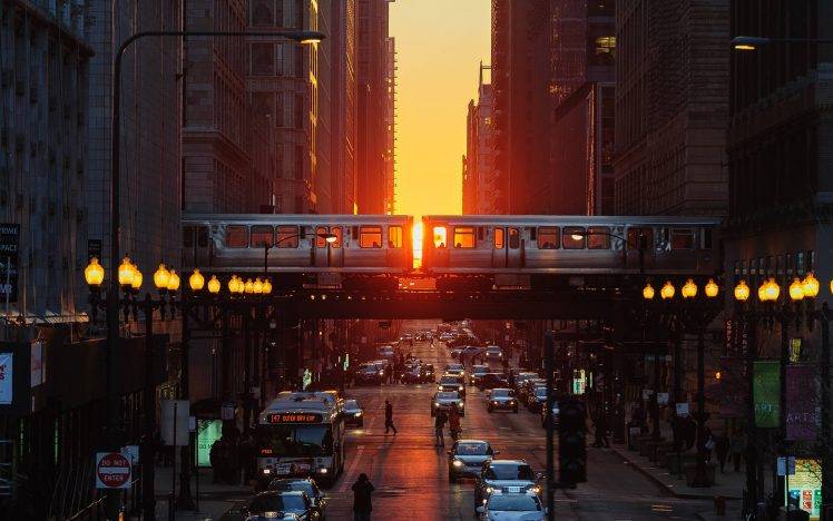 Chicago, Illinois, City, Sunset, Street, Metro, Car HD Wallpaper Desktop Background