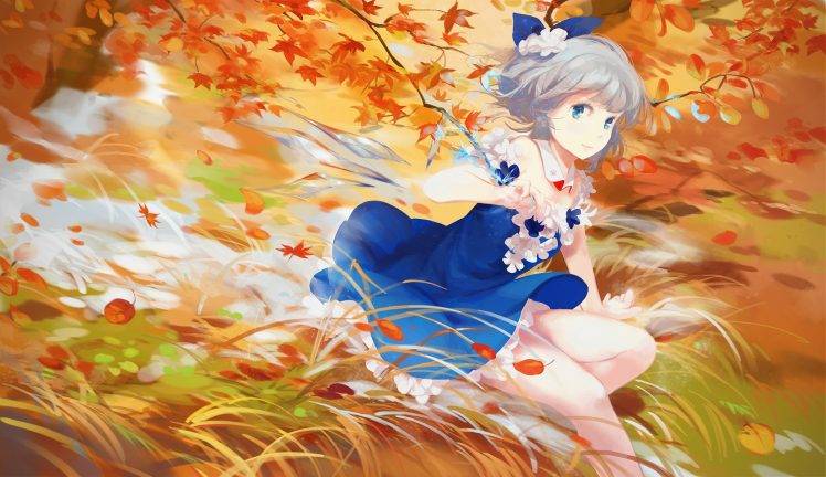 anime Girls, Cirno, Touhou, Blue Eyes, Fall, Short Hair, Silver Hair HD Wallpaper Desktop Background