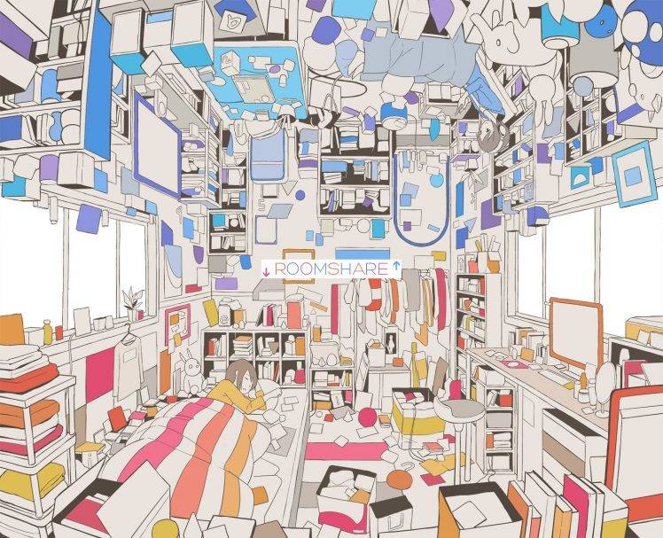 upside Down, Room, Bed, Anime Girls HD Wallpaper Desktop Background