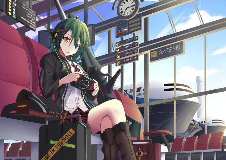green Hair, Airport, Anime Girls, Original Characters, Heterochromia HD Wallpaper Desktop Background