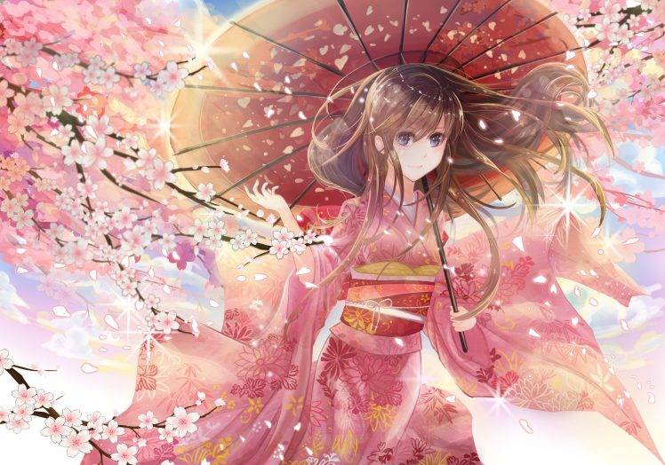 umbrella, Kimono, Original Characters, Pink, Cherry Blossom, Japanese Clothes HD Wallpaper Desktop Background