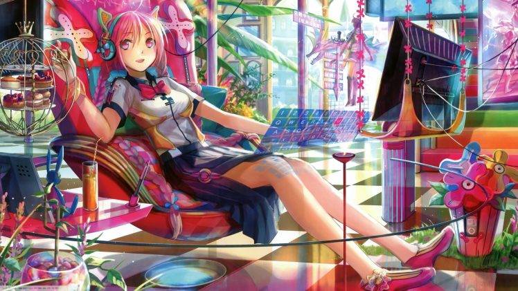 nekomimi, Technology, Anime Girls, Pink Hair, Original Characters, Fuji Choko HD Wallpaper Desktop Background
