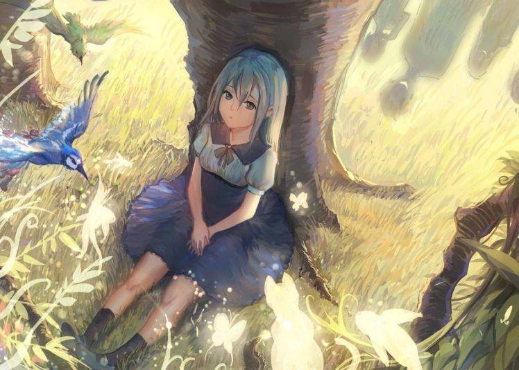 anime Girls, Birds, Trees, Original Characters, Blue Hair HD Wallpaper Desktop Background