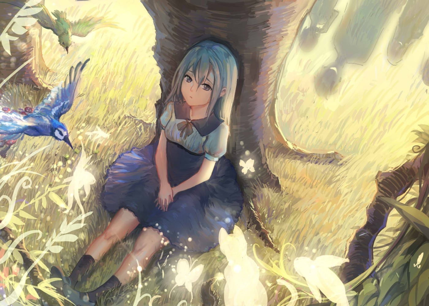 anime Girls, Birds, Trees, Original Characters, Blue Hair Wallpaper