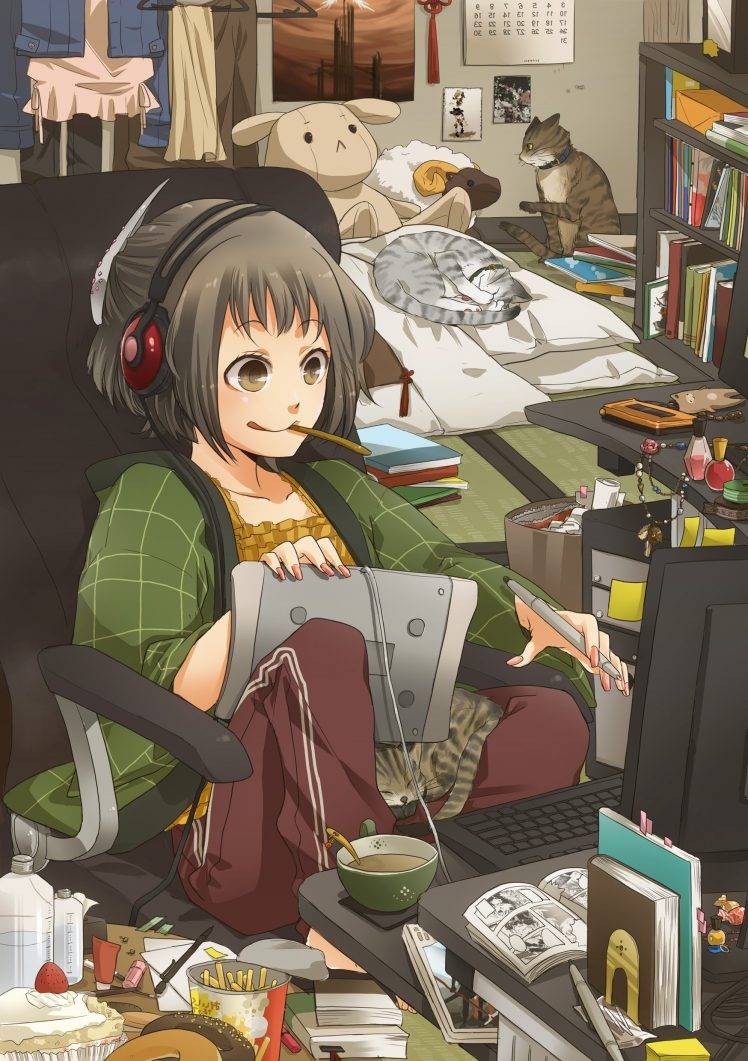 computer, Room, Bed, Cat, Anime Girls, Original Characters HD Wallpaper Desktop Background