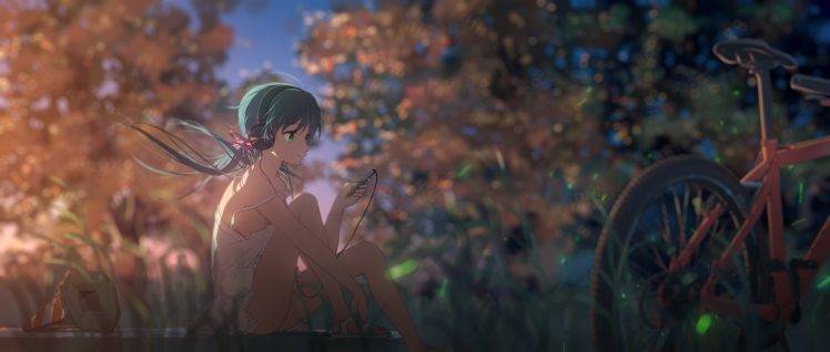 anime Girls, Original Characters, Aqua Hair, Bicycle, Headphones, Twintails HD Wallpaper Desktop Background