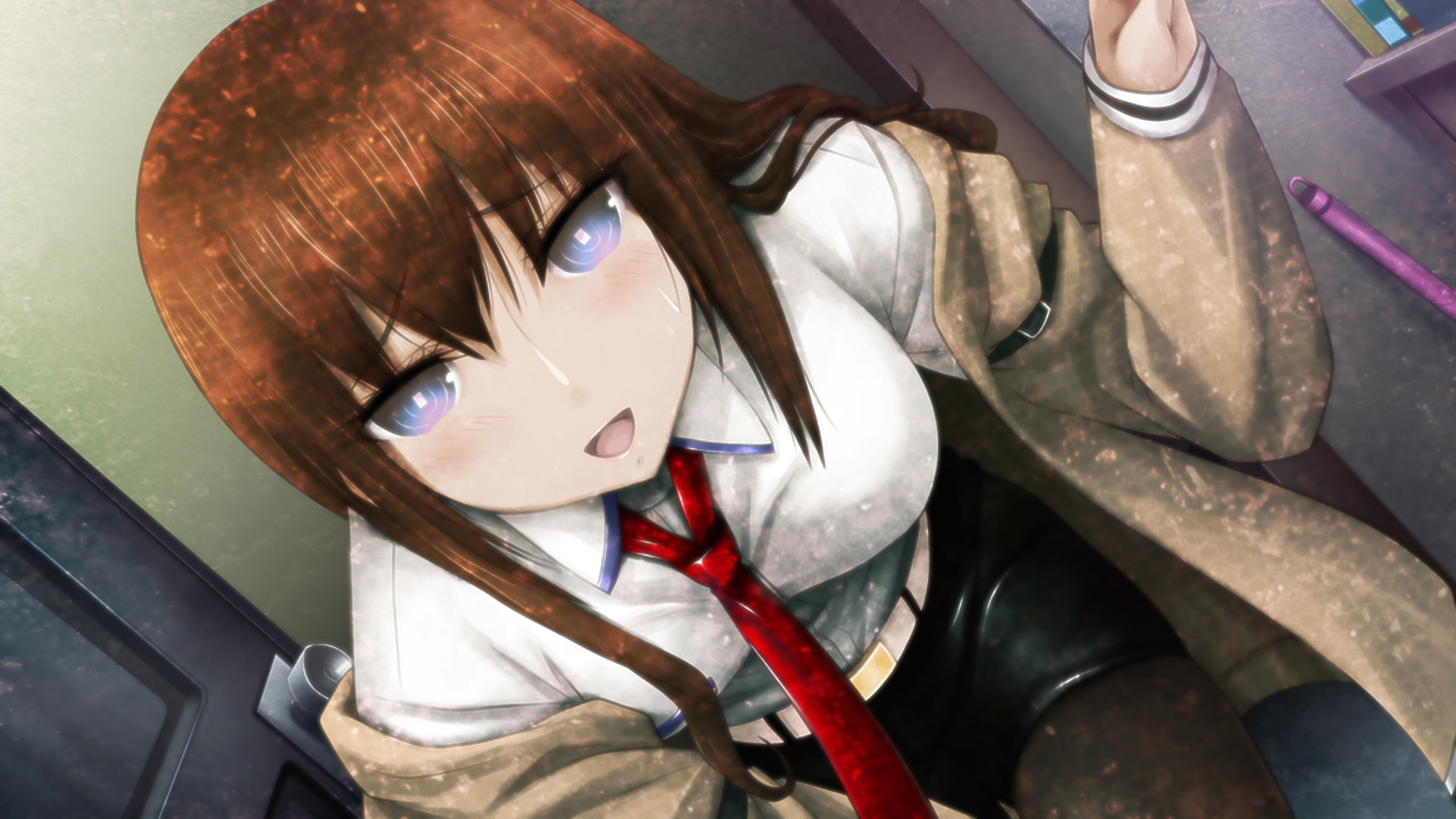 anime, Anime Girls, Steins;Gate, Redhead, Makise Kurisu, White Shirt, Tie, Blue Eyes Wallpaper