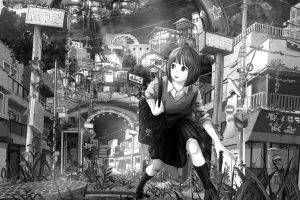 anime Girls, City, Monochrome