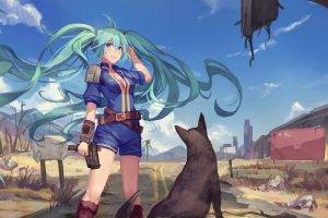 Fallout 4, Vocaloid, Hatsune Miku, Crossover, Dog, Anime Girls, Twintails, Apocalyptic, Pistol, Gun, Weapon, Fallout