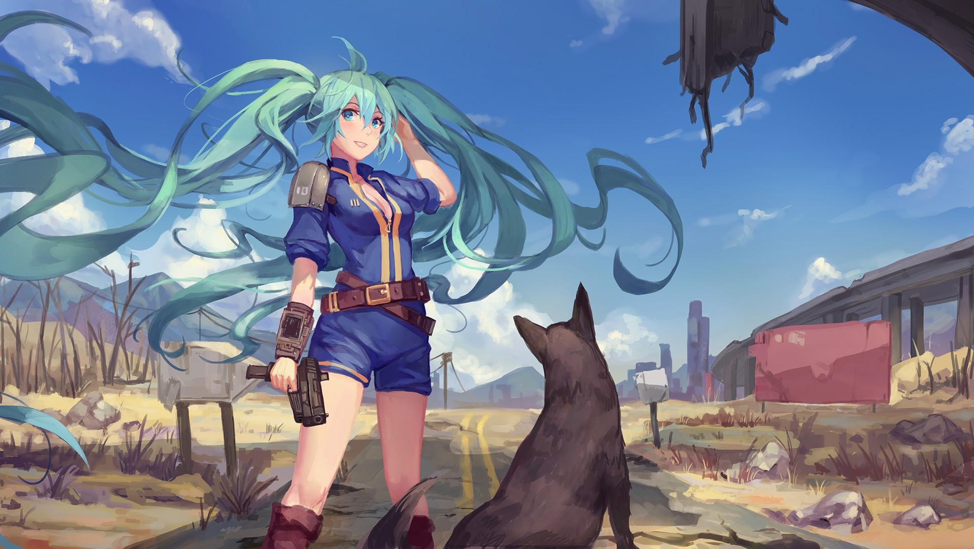 Fallout 4, Vocaloid, Hatsune Miku, Crossover, Dog, Anime Girls, Twintails, Apocalyptic, Pistol, Gun, Weapon, Fallout Wallpaper