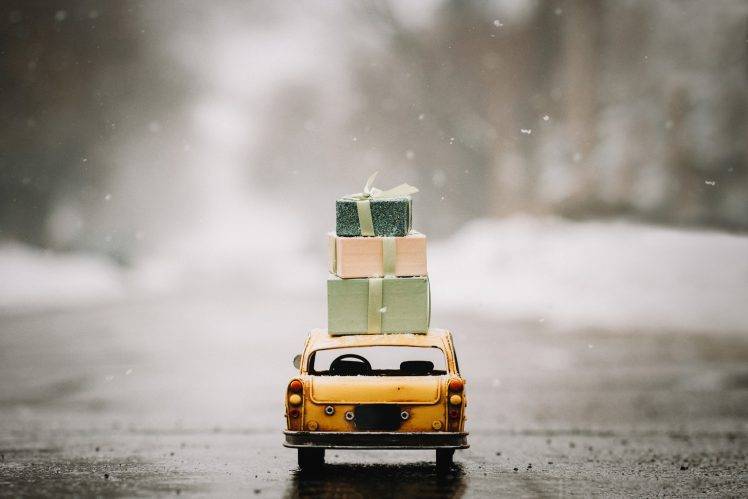 miniatures, Snow, Presents, Car HD Wallpaper Desktop Background