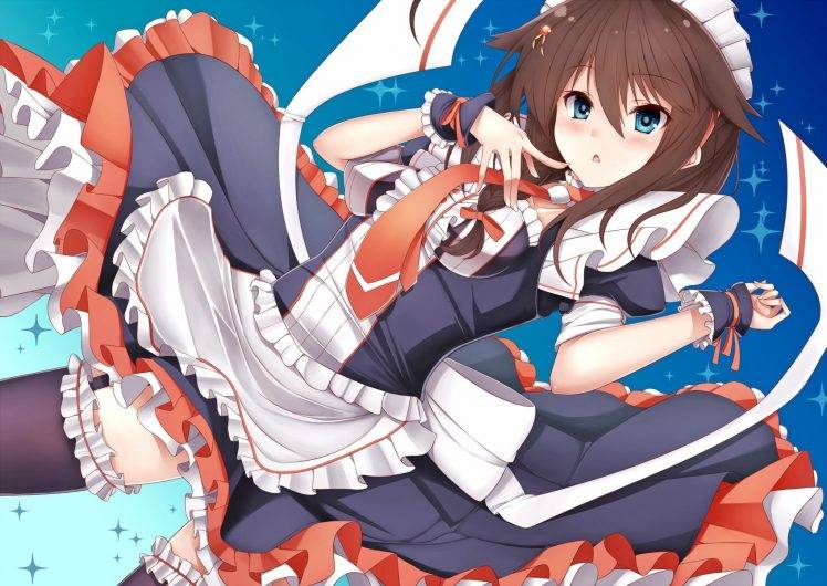 Kantai Collection, Anime Girls, Anime, Shigure (KanColle), Brunette, Thigh highs, Maid Outfit HD Wallpaper Desktop Background