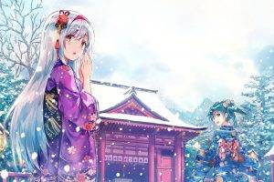 anime Girls, Anime, Shoukaku (KanColle), Kantai Collection, Zuikaku (KanColle), Winter, Snow, Kimono, Japanese Clothes, Traditional Clothing, Shrine