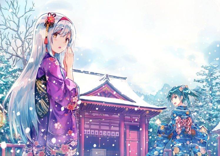 anime Girls, Anime, Shoukaku (KanColle), Kantai Collection, Zuikaku (KanColle), Winter, Snow, Kimono, Japanese Clothes, Traditional Clothing, Shrine HD Wallpaper Desktop Background
