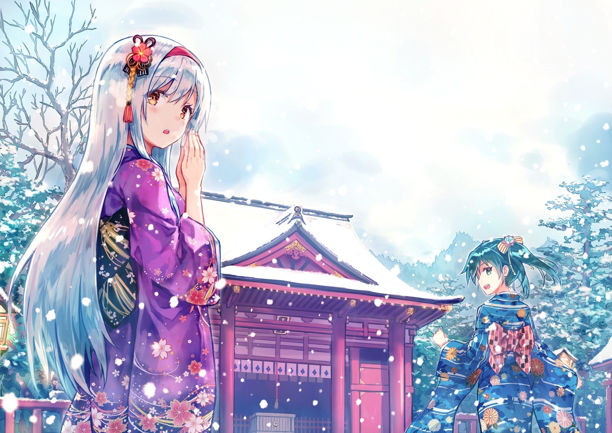anime Girls, Anime, Shoukaku (KanColle), Kantai Collection, Zuikaku (KanColle), Winter, Snow, Kimono, Japanese Clothes, Traditional Clothing, Shrine Wallpaper
