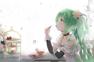 Hatsune Miku, Water, Cakes, Flowers, Vocaloid, Green Hair