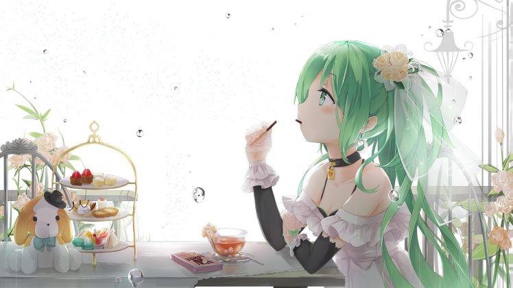 Hatsune Miku, Water, Cakes, Flowers, Vocaloid, Green Hair HD Wallpaper Desktop Background