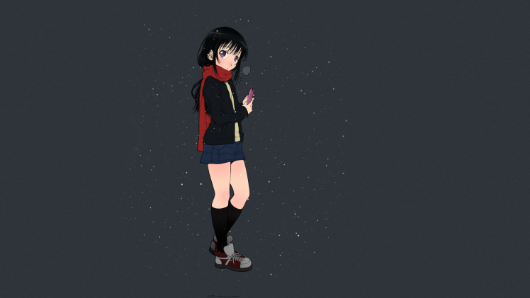 Mudou Eichi, Long Hair, Short Skirt, Socks, Cold, Snow, Winter, Black Hair, Scarf, Purple Eyes, Anime, Manga, Anime Girls HD Wallpaper Desktop Background