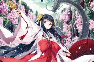 anime, Miko, Dragon, Cherry Blossom, Anime Girls, Original Characters