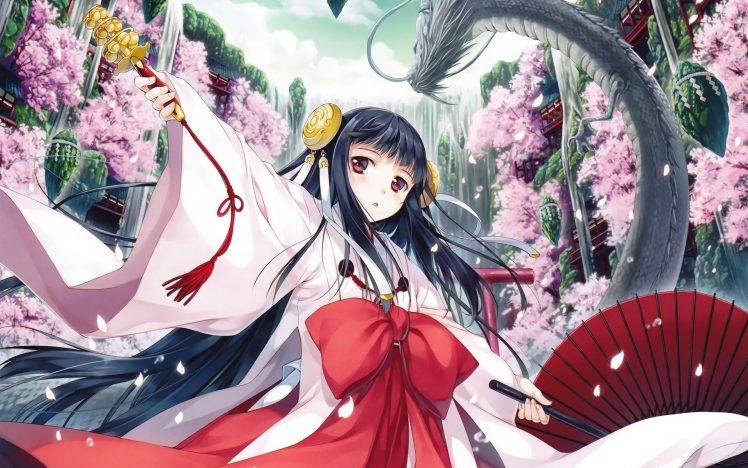 anime, Miko, Dragon, Cherry Blossom, Anime Girls, Original Characters HD Wallpaper Desktop Background
