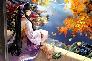 anime, Anime Girls, Kimono, Japanese Clothes, Original Characters, Leaves, Sake