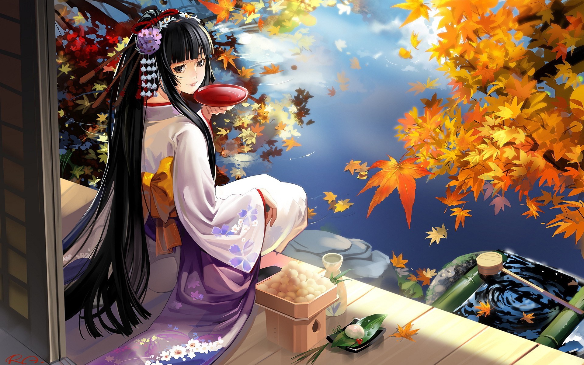 anime, Anime Girls, Kimono, Japanese Clothes, Original Characters, Leaves, Sake Wallpaper