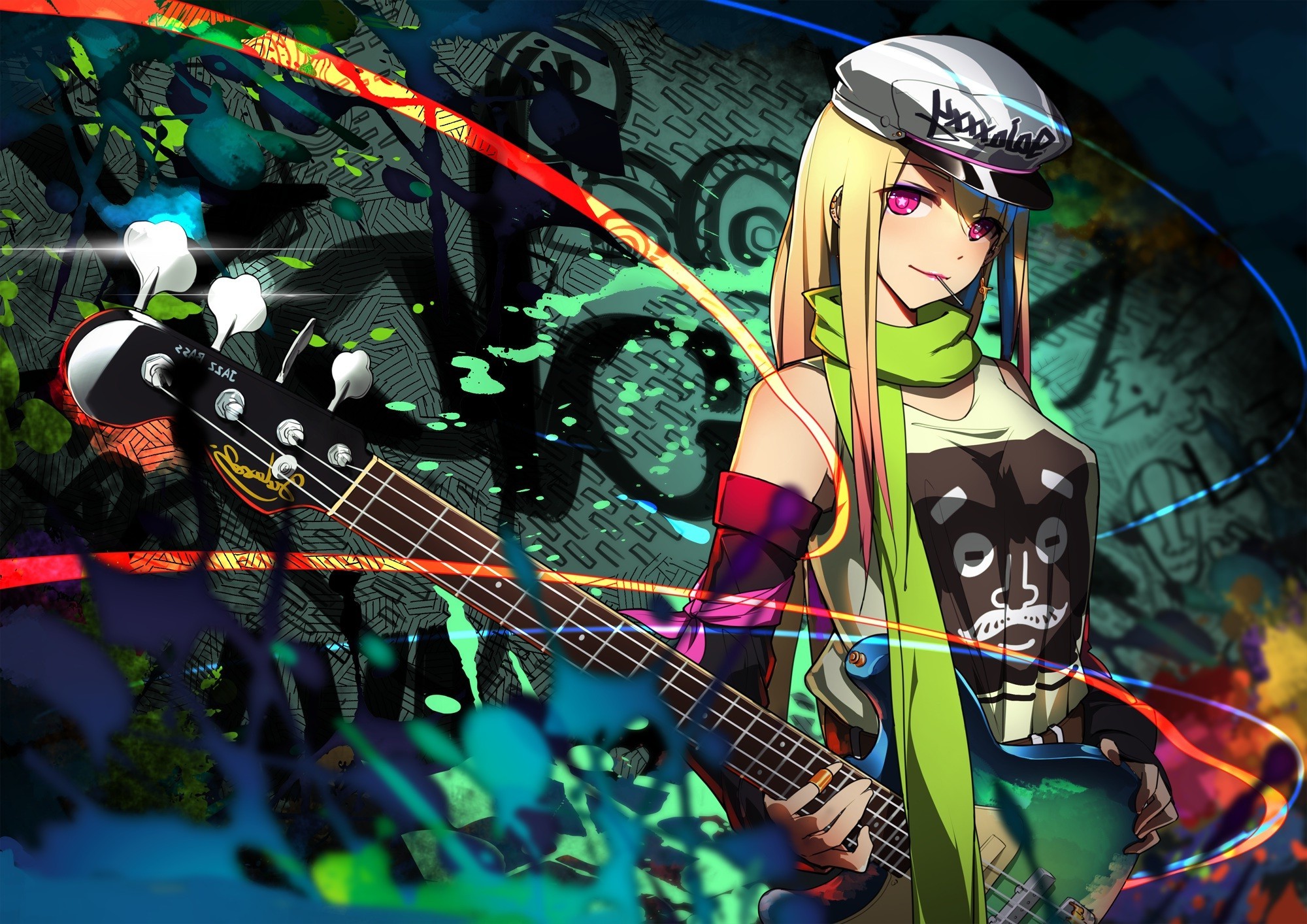 anime Girls, Anime, Hat, Pink Eyes, Original Characters, Bass Guitars Wallpaper