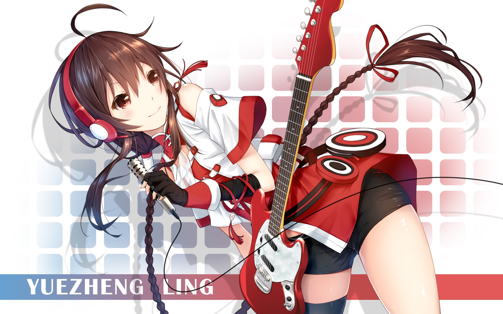 anime Girls, Vocaloid, Yuezheng Ling, Braids, Brunette, Brown Eyes, Gloves, Guitar, Headphones, Musical Instrument, Long Hair, Microphones, Shorts, Thigh highs Wallpaper