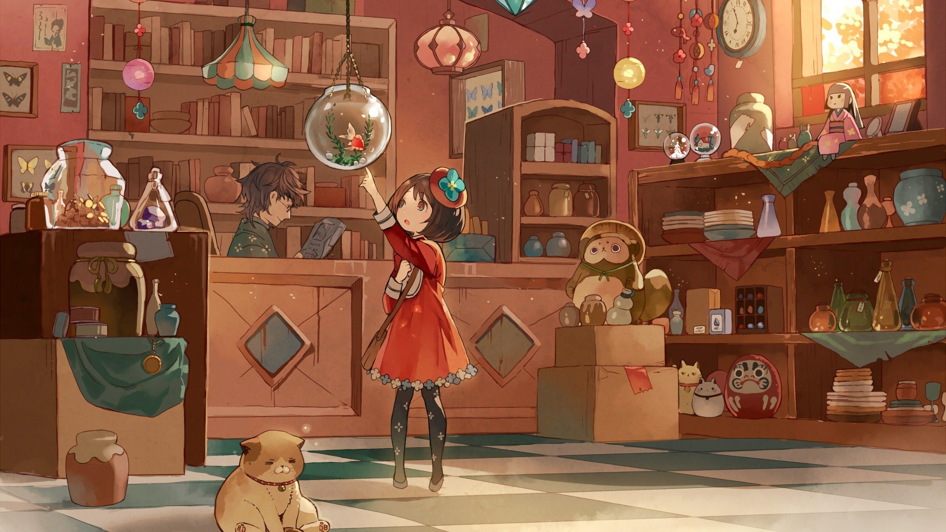 anime, Anime Girls, Cat, Fish, Original Characters, Stores Wallpaper