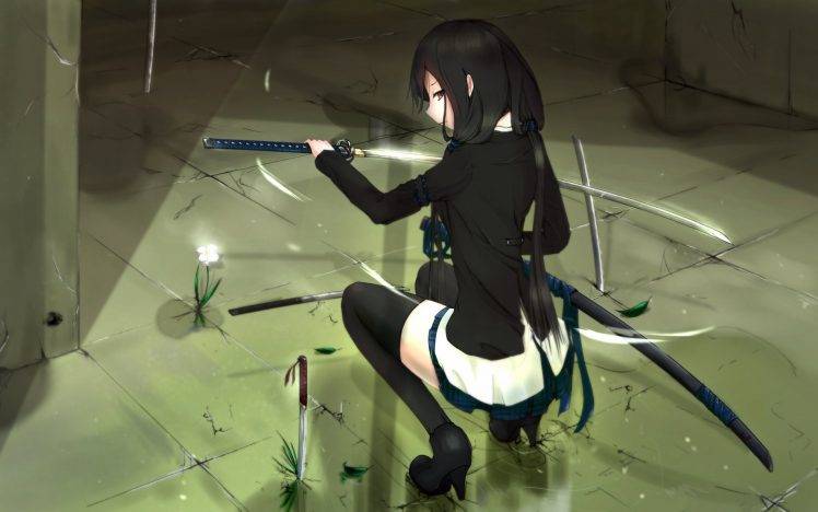 anime, Katana, Weapon, Sword, Anime Girls, Thigh highs, Original Characters HD Wallpaper Desktop Background