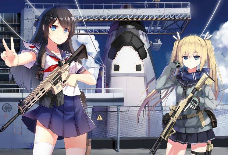 original Characters, Sailor Uniform, Gun, Anime Girls, School Uniform, Weapon, Space Shuttle HD Wallpaper Desktop Background