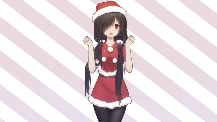 Date A Live, Tokisaki Kurumi, Christmas, Anime Girls, Anime, Pantyhose, Black Hair, Long Hair, Santa Hats HD Wallpaper Desktop Background