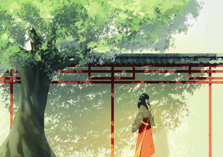 anime, Anime Girls, Trees, Artwork, Miko, Japanese Clothes, Original Characters HD Wallpaper Desktop Background