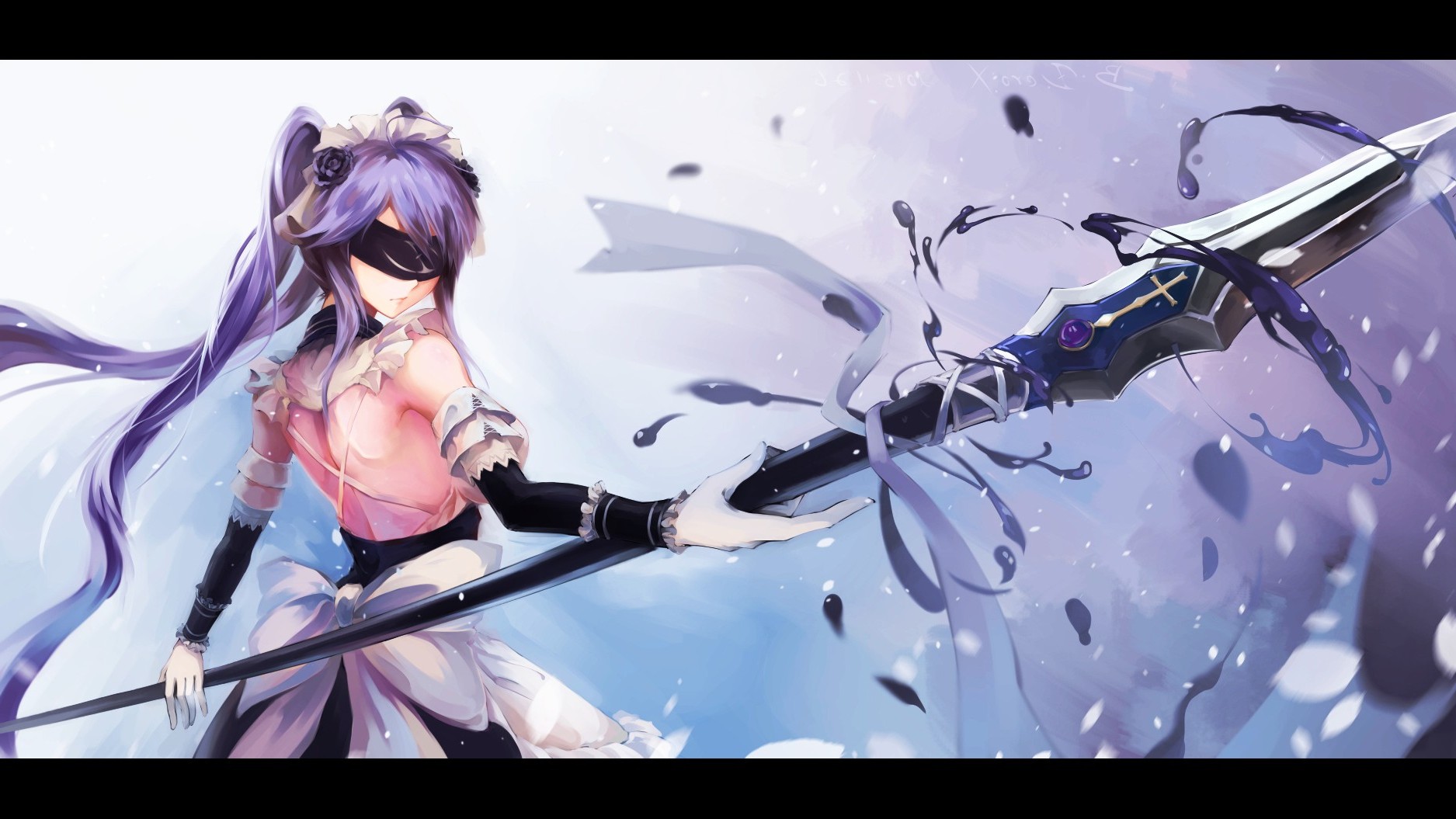 anime, Anime Girls, Blindfold, Spear, Weapon, Purple Hair, Twintails