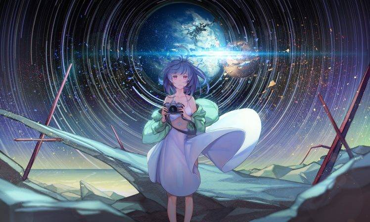 anime Girls, Original Characters, Camera, Blue Hair, Pink Eyes, Stars, Dress, Sky HD Wallpaper Desktop Background