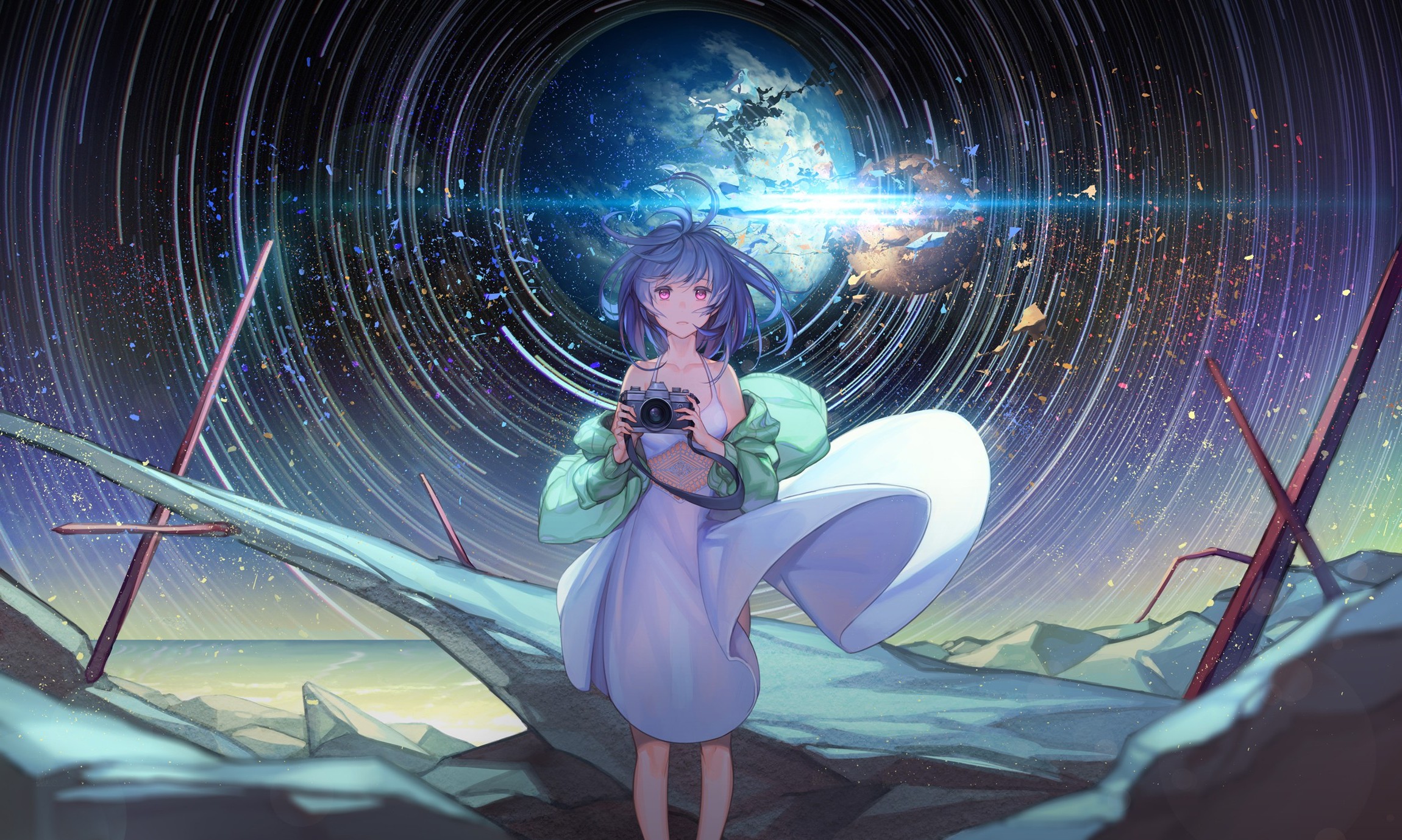 anime Girls, Original Characters, Camera, Blue Hair, Pink Eyes, Stars, Dress, Sky Wallpaper