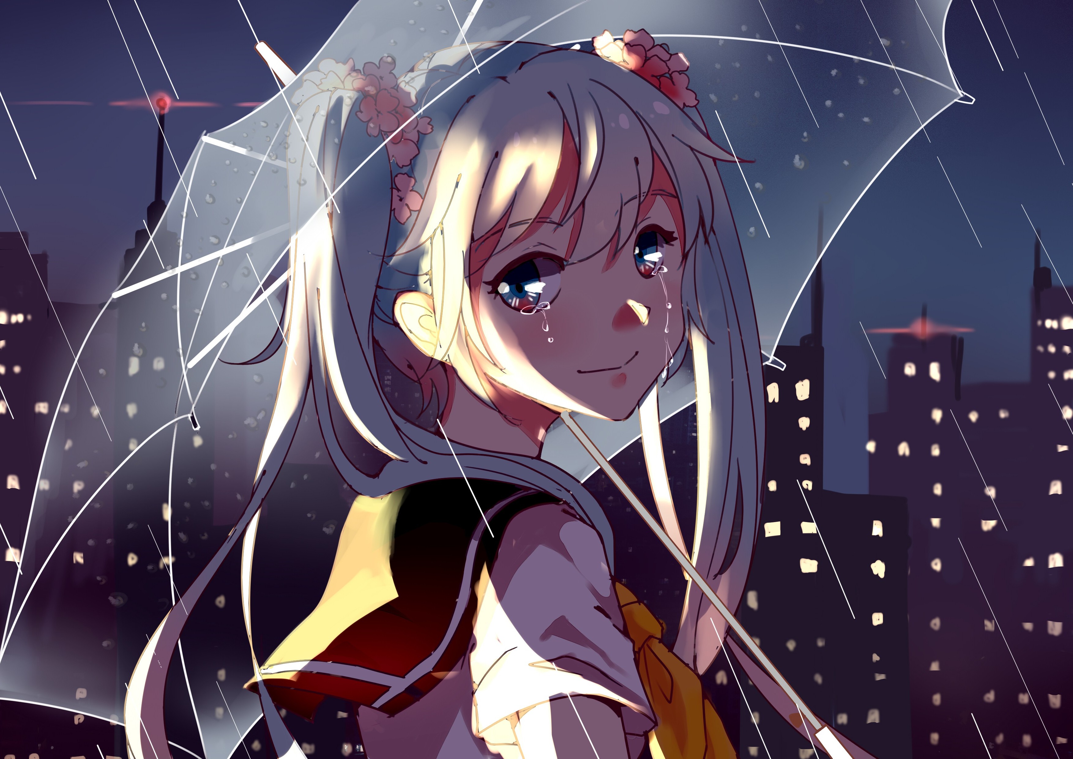 anime Girls, Tears, Rain, Umbrella, Twintails, School Uniform, Hair Ornament Wallpaper