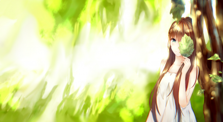 anime Girls, Dress, Long Hair, Blue Eyes, Brunette, Leaves, Original Characters HD Wallpaper Desktop Background